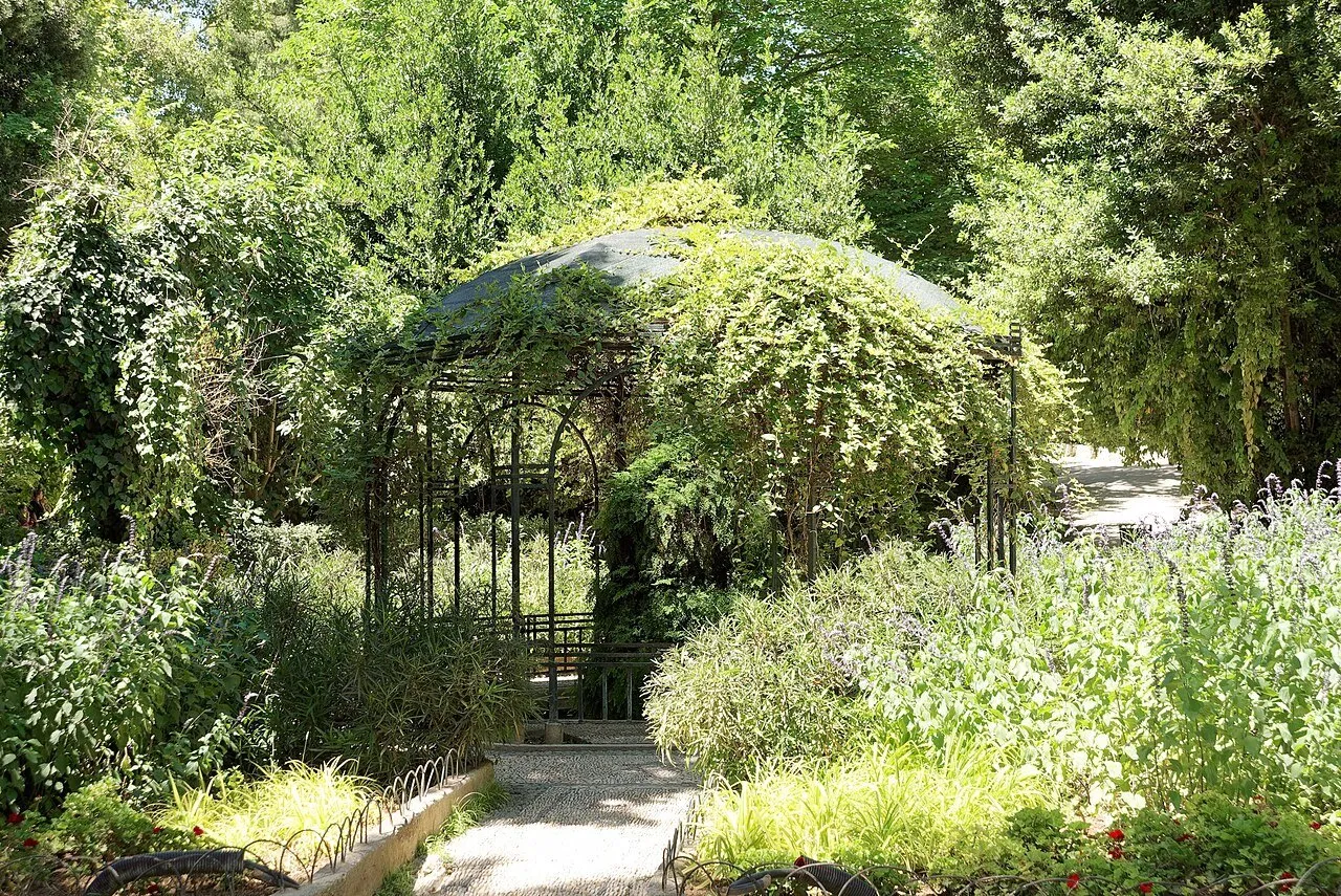 Gazebo de metal coberto por plantas, cercado de vegetação e caminhos no Jardim Nacional de Atenas.