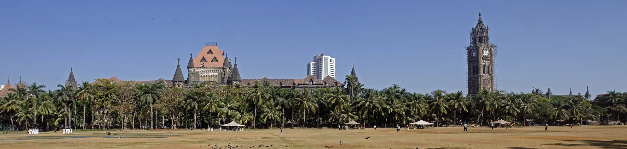 Panorama do gramado do Oval Maidan, em Mumbai, com palmeiras e edifícios góticos, incluindo a Torre Rajabai, sob céu azul.