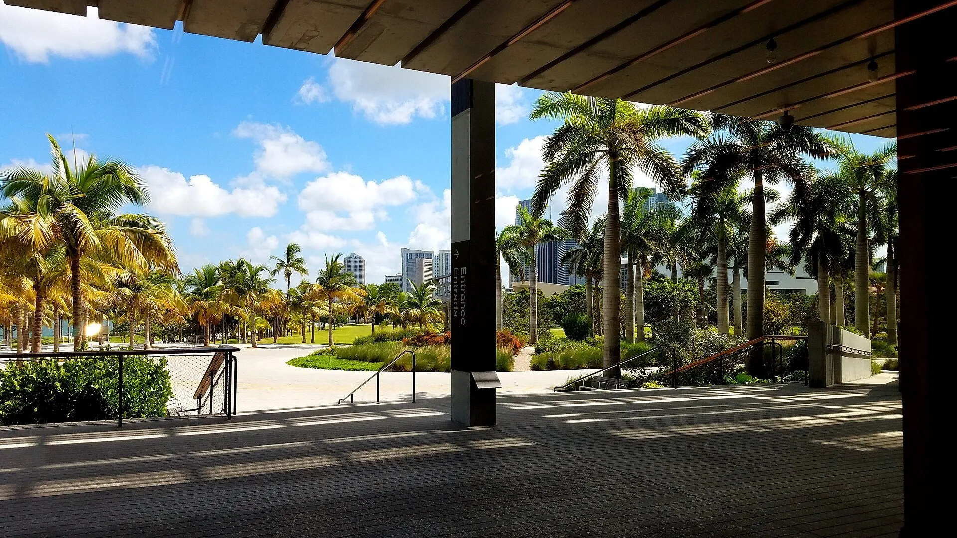 Terraço coberto do PAMM, com piso de madeira, colunas, escadaria e jardim de palmeiras ao sol.
