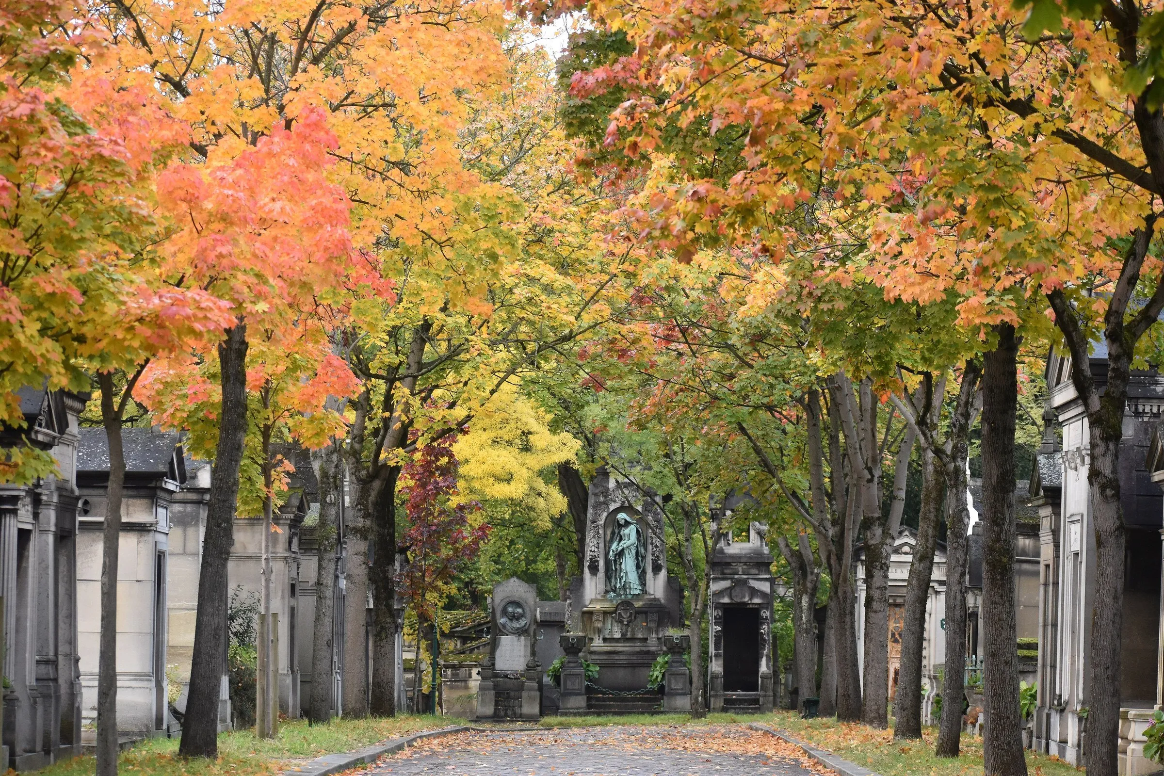 Alameda de paralelepípedos do Père-Lachaise sob árvores de folhas laranja e amarelas, com túmulos antigos dos lados.