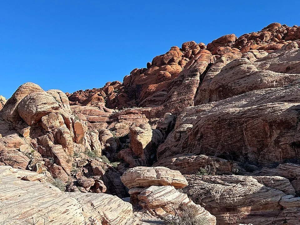 Formações claras e avermelhadas de arenito nos Calico Hills, em Red Rock Canyon, sob céu azul.