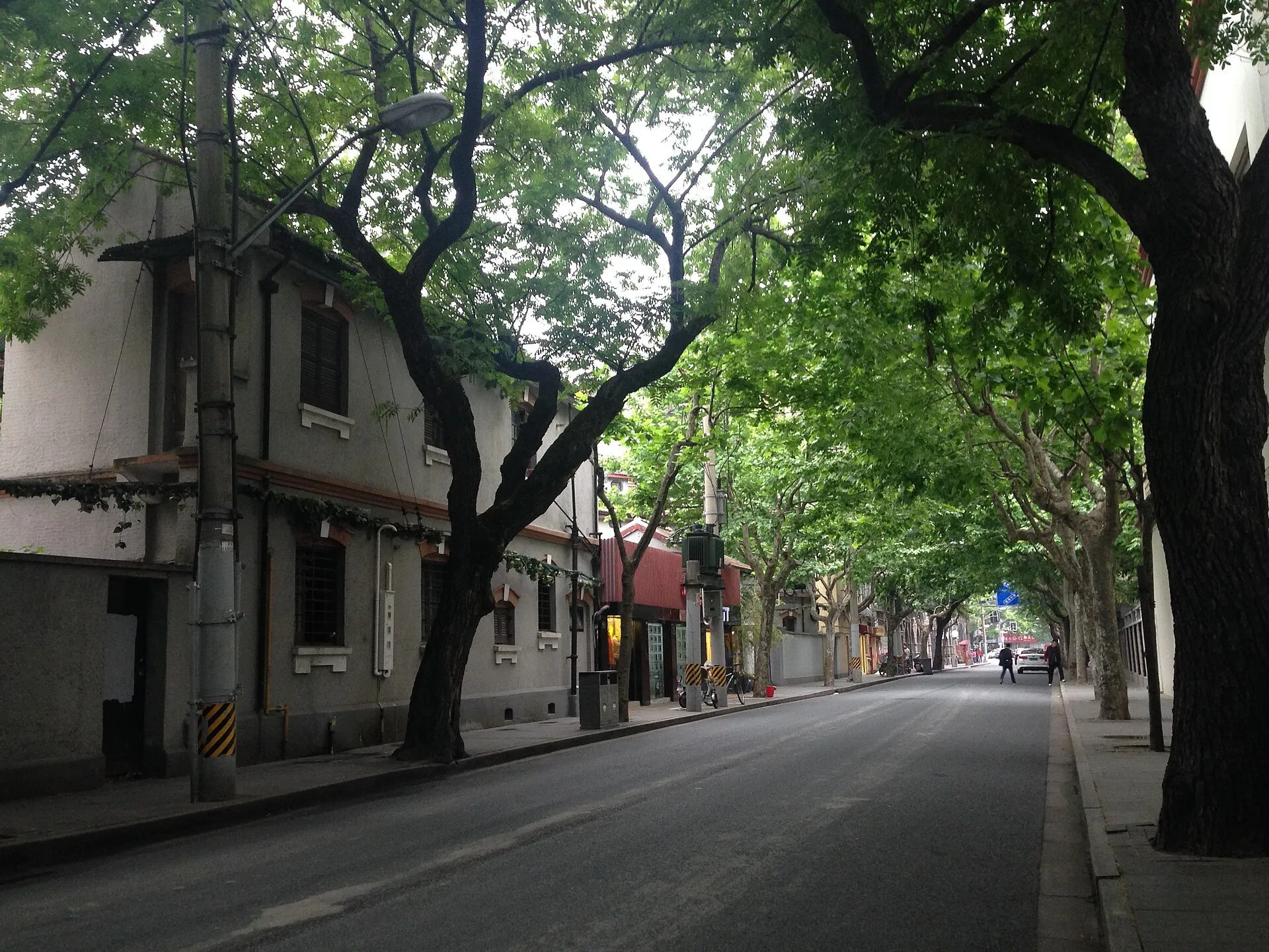 Rua Wukang arborizada, com fachadas residenciais, calçadas estreitas e poucos veículos ao fundo.
