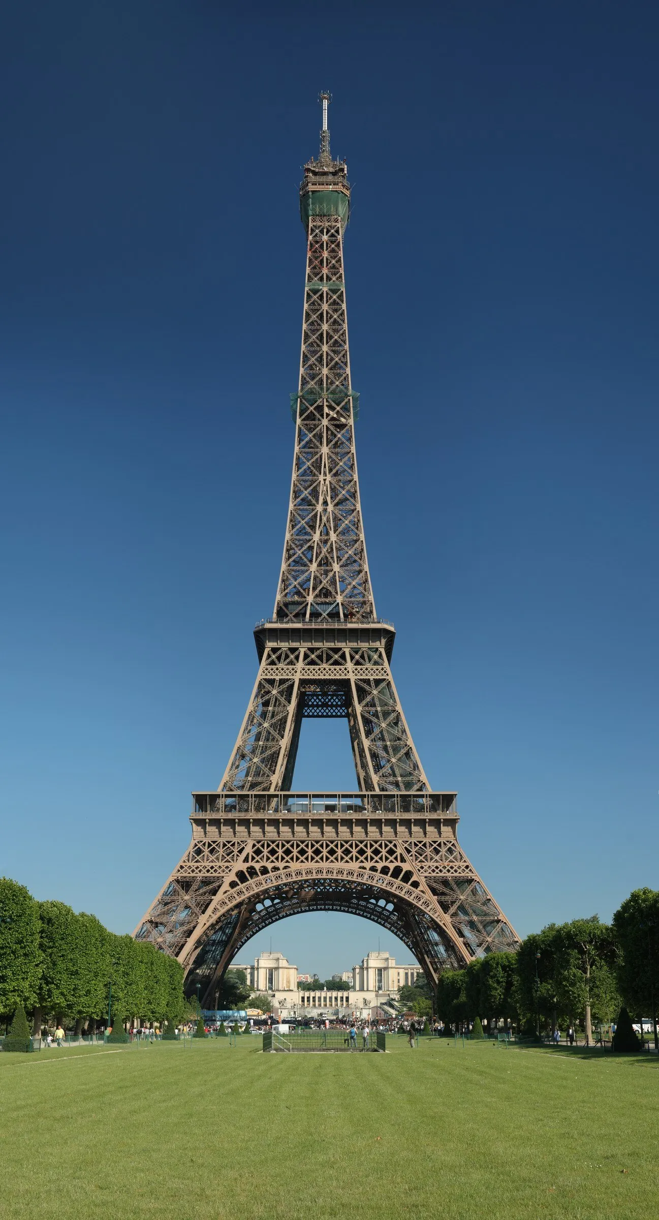 Torre Eiffel inteira vista de frente do gramado do Champ-de-Mars, sob céu azul profundo e entre fileiras de árvores.